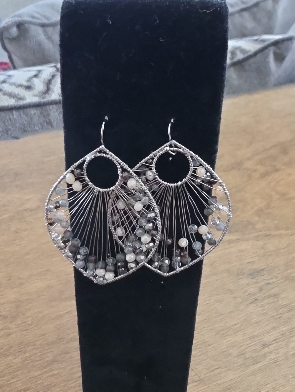 Buckle Silver-Tone Fan Drop Earrings with Gray and Cream Beads